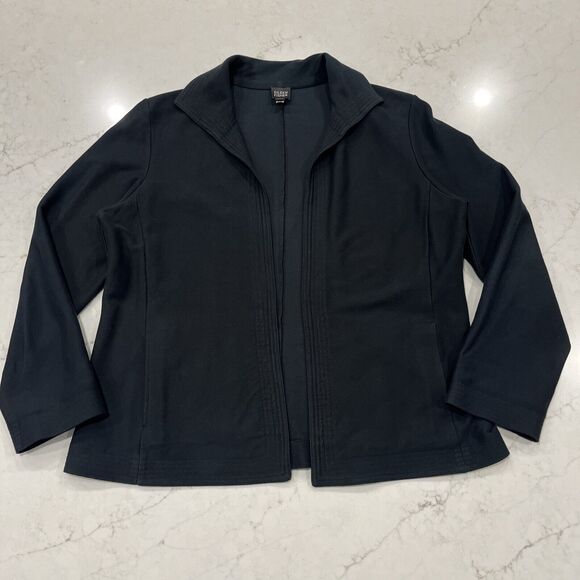 Eileen Fisher Large Black Cotton Jersey Open Cardigan Jacket Pockets Minimalist - Picture 1 of 9